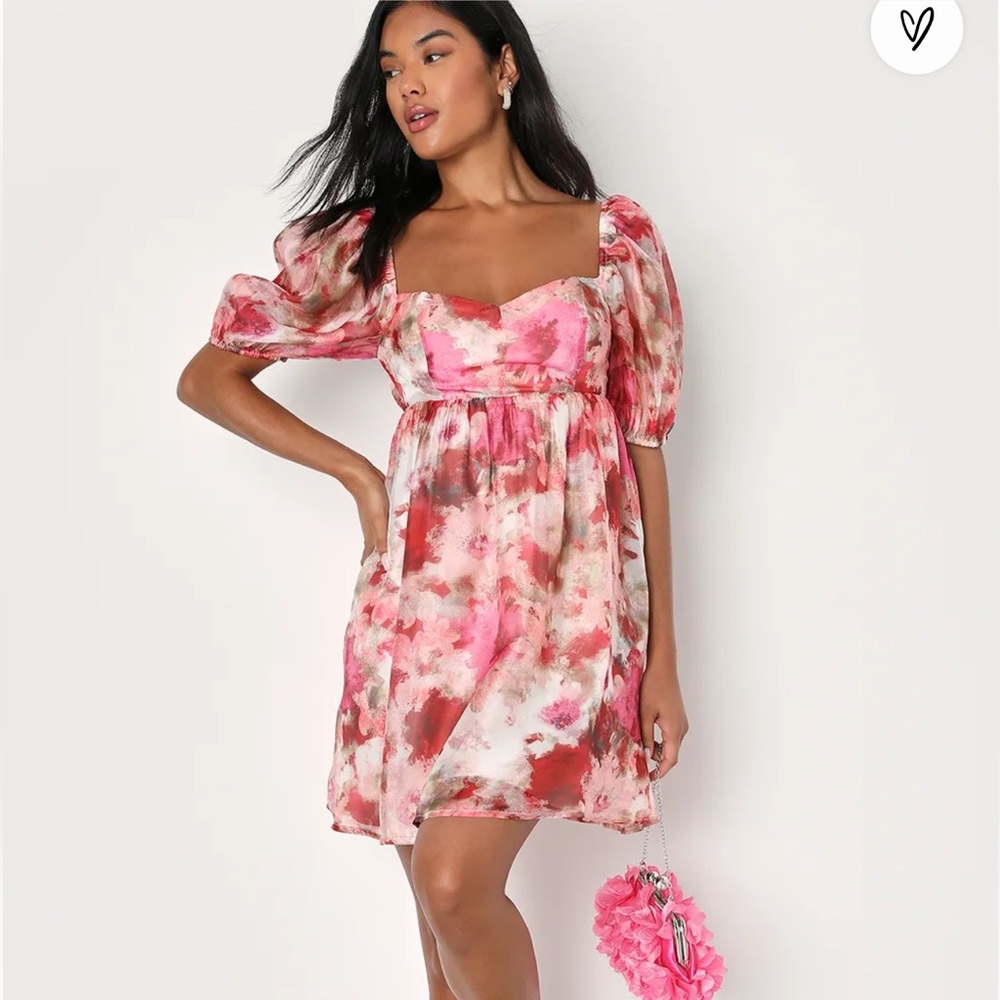 Darling Aura Pink Multi Floral Organza Babydoll Mini Dress